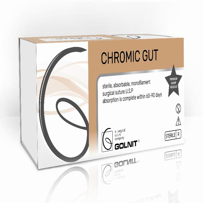 Кетгут хромований, шовний матеріал USP(EP): 0 (4,0), Голка: Колюча пряма 70мм, Одно-голкова, Нитка: 75см